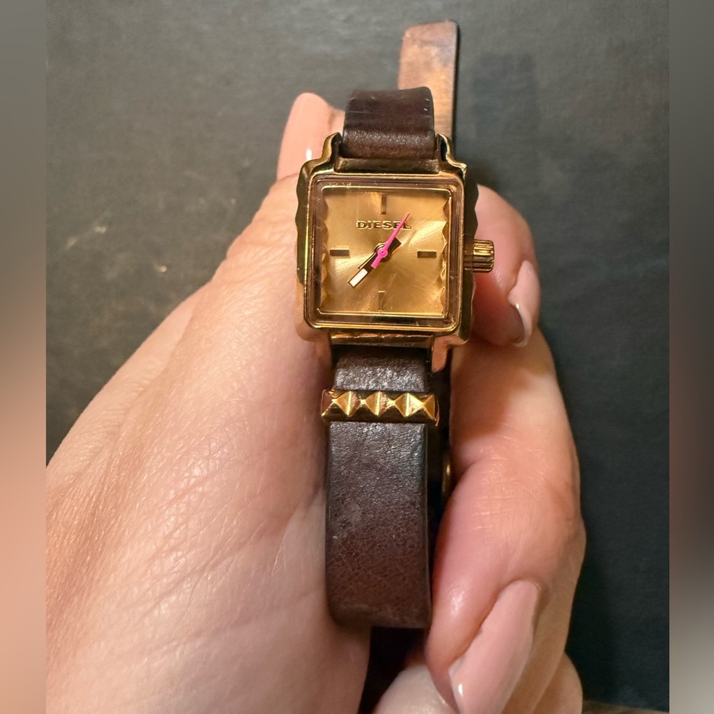 Diesel Rose Gold-Tone Square Dial Watch with Brown Leather Strap